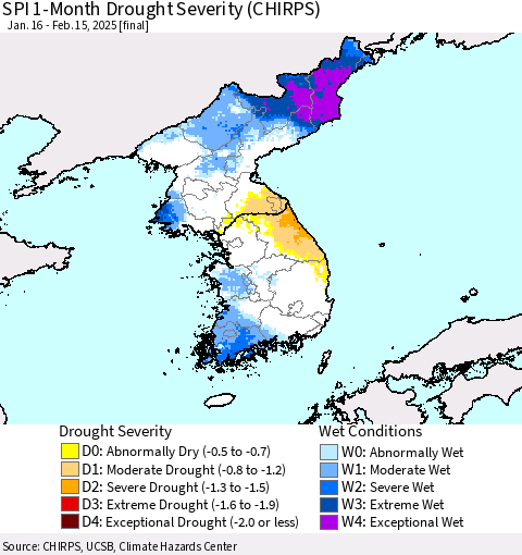 Korea SPI 1-Month Drought Severity (CHIRPS) Thematic Map For 1/16/2025 - 2/15/2025