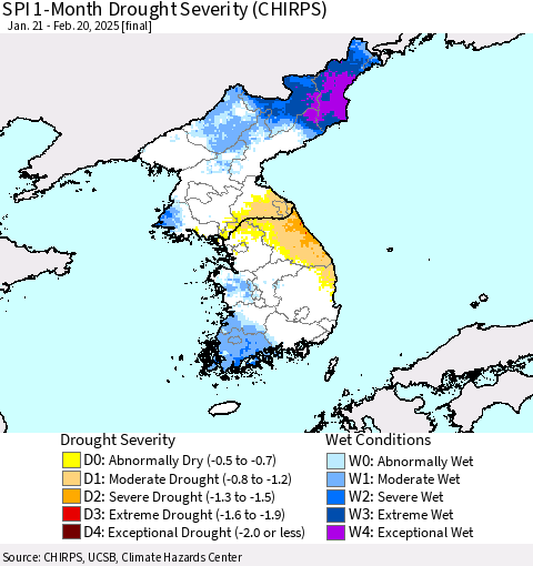 Korea SPI 1-Month Drought Severity (CHIRPS) Thematic Map For 1/21/2025 - 2/20/2025