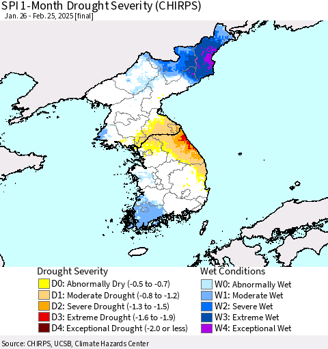 Korea SPI 1-Month Drought Severity (CHIRPS) Thematic Map For 1/26/2025 - 2/25/2025