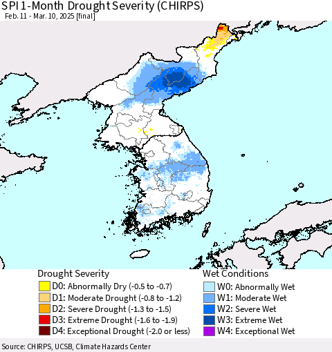 Korea SPI 1-Month Drought Severity (CHIRPS) Thematic Map For 2/11/2025 - 3/10/2025