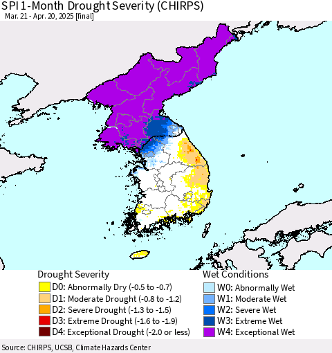 Korea SPI 1-Month Drought Severity (CHIRPS) Thematic Map For 3/21/2025 - 4/20/2025