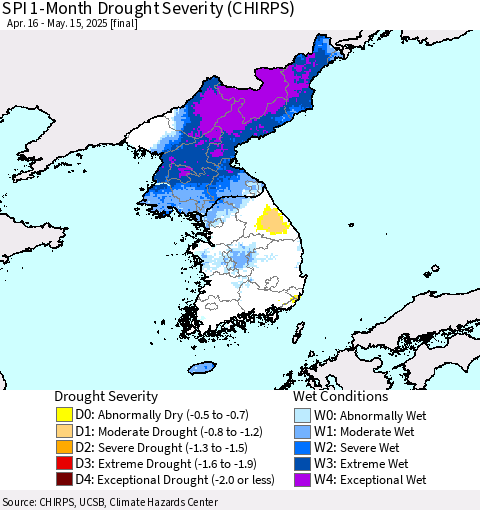 Korea SPI 1-Month Drought Severity (CHIRPS) Thematic Map For 4/16/2025 - 5/15/2025