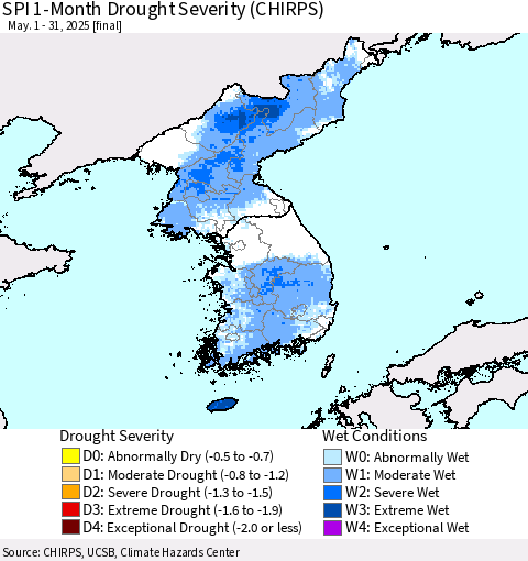 Korea SPI 1-Month Drought Severity (CHIRPS) Thematic Map For 5/1/2025 - 5/31/2025