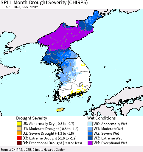 Korea SPI 1-Month Drought Severity (CHIRPS) Thematic Map For 6/6/2025 - 7/5/2025