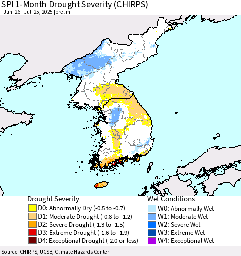 Korea SPI 1-Month Drought Severity (CHIRPS) Thematic Map For 6/26/2025 - 7/25/2025