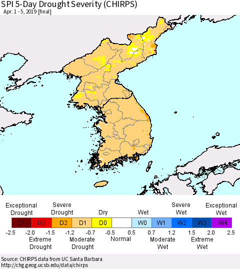 Korea SPI 5-Day Drought Severity (CHIRPS) Thematic Map For 4/1/2019 - 4/5/2019
