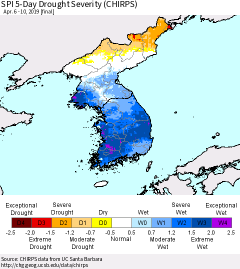 Korea SPI 5-Day Drought Severity (CHIRPS) Thematic Map For 4/6/2019 - 4/10/2019