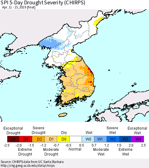 Korea SPI 5-Day Drought Severity (CHIRPS) Thematic Map For 4/11/2019 - 4/15/2019