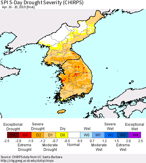 Korea SPI 5-Day Drought Severity (CHIRPS) Thematic Map For 4/16/2019 - 4/20/2019
