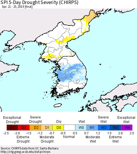 Korea SPI 5-Day Drought Severity (CHIRPS) Thematic Map For 4/21/2019 - 4/25/2019