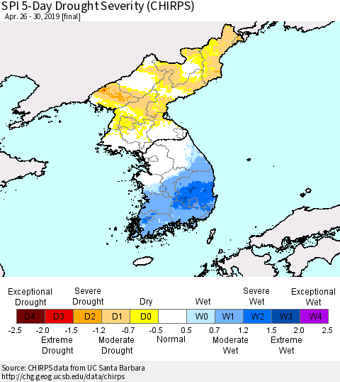 Korea SPI 5-Day Drought Severity (CHIRPS) Thematic Map For 4/26/2019 - 4/30/2019