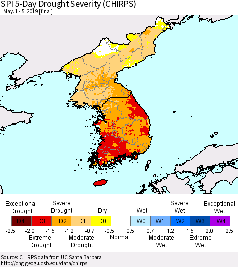 Korea SPI 5-Day Drought Severity (CHIRPS) Thematic Map For 5/1/2019 - 5/5/2019