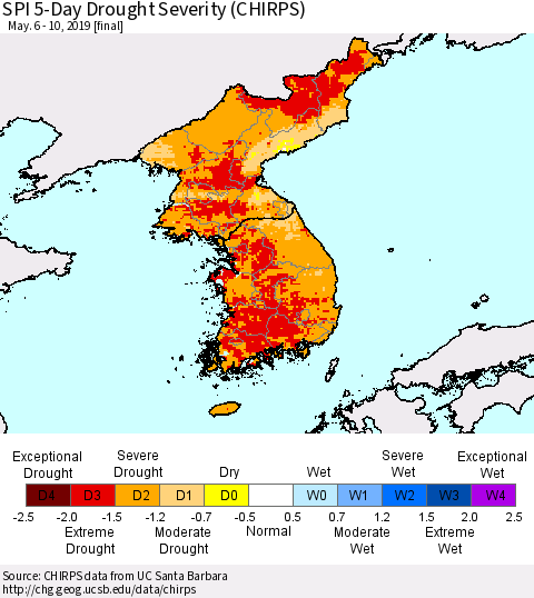 Korea SPI 5-Day Drought Severity (CHIRPS) Thematic Map For 5/6/2019 - 5/10/2019