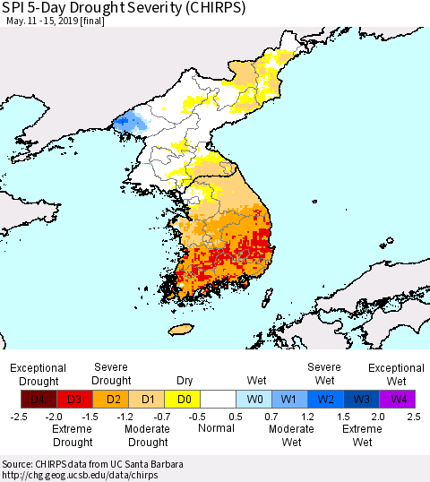 Korea SPI 5-Day Drought Severity (CHIRPS) Thematic Map For 5/11/2019 - 5/15/2019