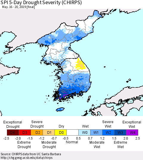 Korea SPI 5-Day Drought Severity (CHIRPS) Thematic Map For 5/16/2019 - 5/20/2019