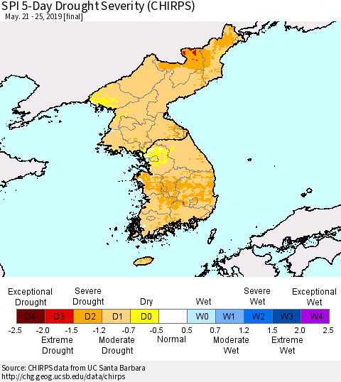 Korea SPI 5-Day Drought Severity (CHIRPS) Thematic Map For 5/21/2019 - 5/25/2019