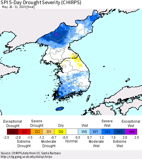 Korea SPI 5-Day Drought Severity (CHIRPS) Thematic Map For 5/26/2019 - 5/31/2019