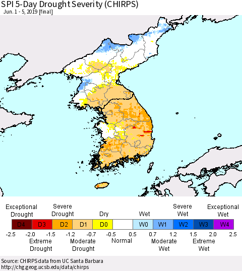 Korea SPI 5-Day Drought Severity (CHIRPS) Thematic Map For 6/1/2019 - 6/5/2019