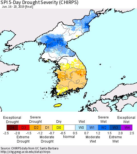 Korea SPI 5-Day Drought Severity (CHIRPS) Thematic Map For 6/16/2019 - 6/20/2019
