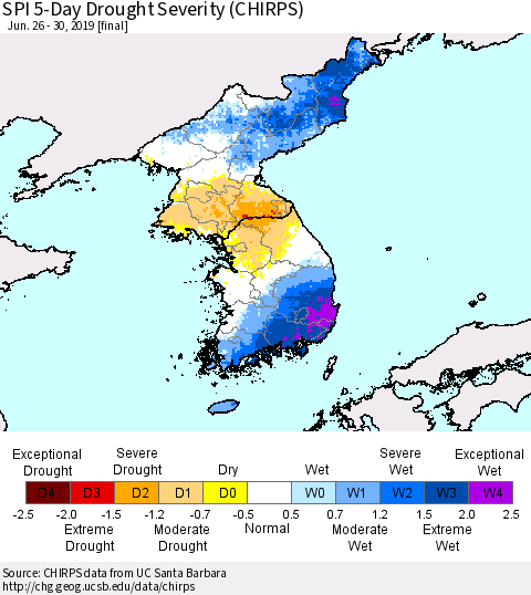 Korea SPI 5-Day Drought Severity (CHIRPS) Thematic Map For 6/26/2019 - 6/30/2019