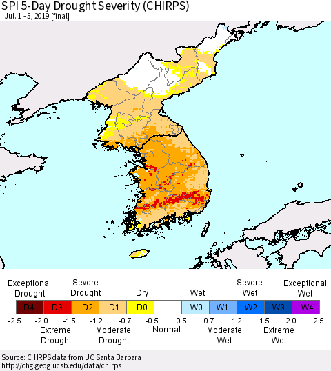 Korea SPI 5-Day Drought Severity (CHIRPS) Thematic Map For 7/1/2019 - 7/5/2019