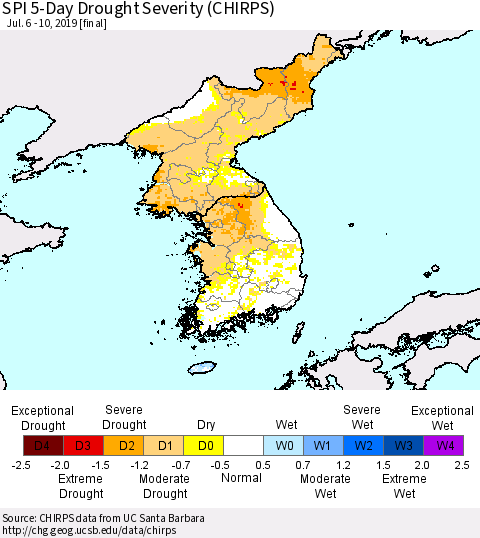 Korea SPI 5-Day Drought Severity (CHIRPS) Thematic Map For 7/6/2019 - 7/10/2019