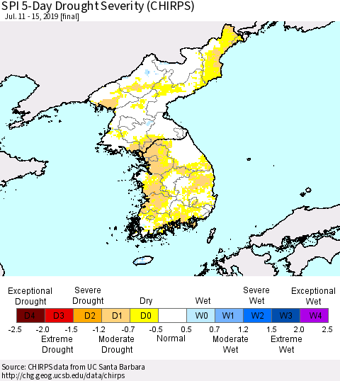 Korea SPI 5-Day Drought Severity (CHIRPS) Thematic Map For 7/11/2019 - 7/15/2019