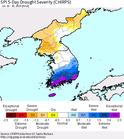 Korea SPI 5-Day Drought Severity (CHIRPS) Thematic Map For 7/16/2019 - 7/20/2019