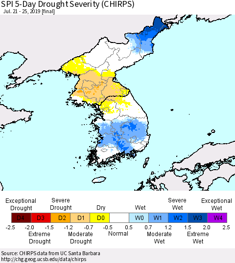 Korea SPI 5-Day Drought Severity (CHIRPS) Thematic Map For 7/21/2019 - 7/25/2019