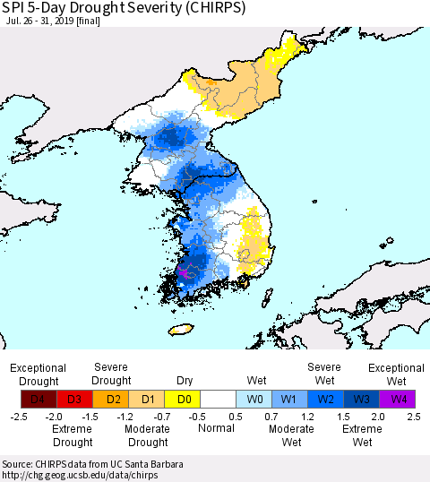 Korea SPI 5-Day Drought Severity (CHIRPS) Thematic Map For 7/26/2019 - 7/31/2019