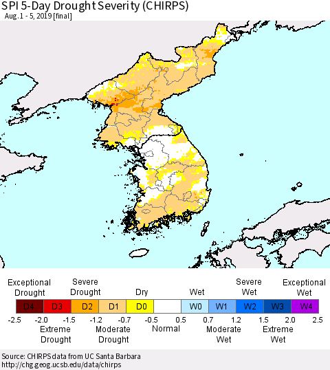 Korea SPI 5-Day Drought Severity (CHIRPS) Thematic Map For 8/1/2019 - 8/5/2019