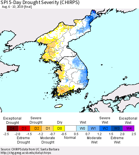 Korea SPI 5-Day Drought Severity (CHIRPS) Thematic Map For 8/6/2019 - 8/10/2019