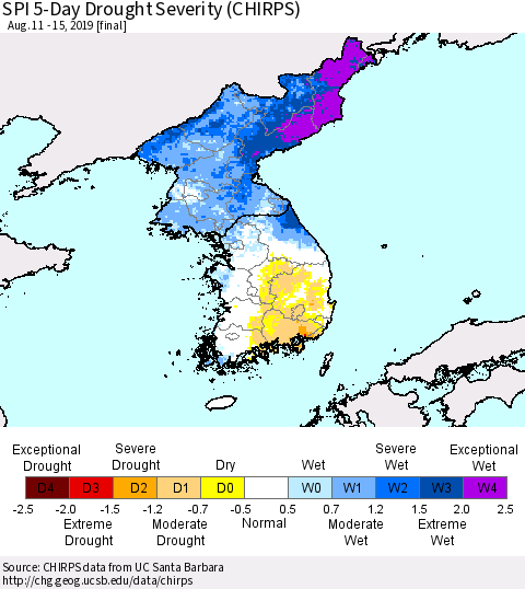 Korea SPI 5-Day Drought Severity (CHIRPS) Thematic Map For 8/11/2019 - 8/15/2019