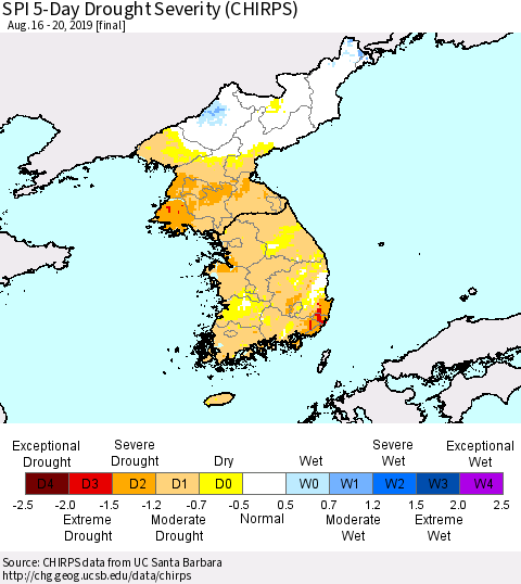 Korea SPI 5-Day Drought Severity (CHIRPS) Thematic Map For 8/16/2019 - 8/20/2019