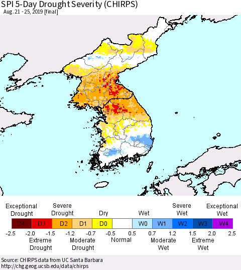 Korea SPI 5-Day Drought Severity (CHIRPS) Thematic Map For 8/21/2019 - 8/25/2019