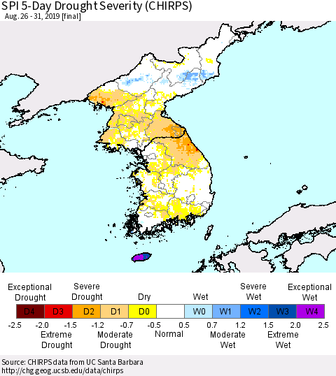 Korea SPI 5-Day Drought Severity (CHIRPS) Thematic Map For 8/26/2019 - 8/31/2019