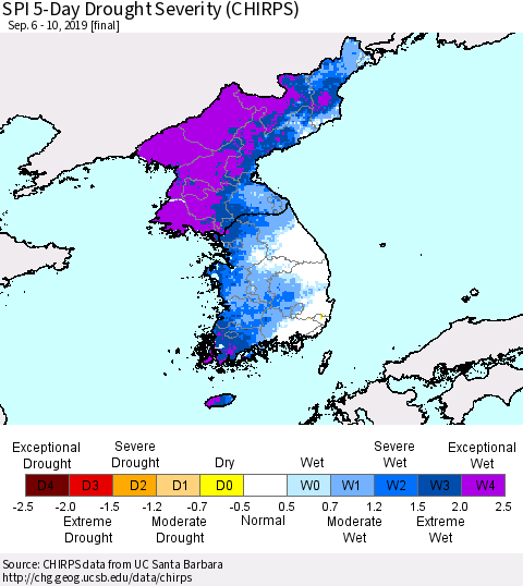 Korea SPI 5-Day Drought Severity (CHIRPS) Thematic Map For 9/6/2019 - 9/10/2019