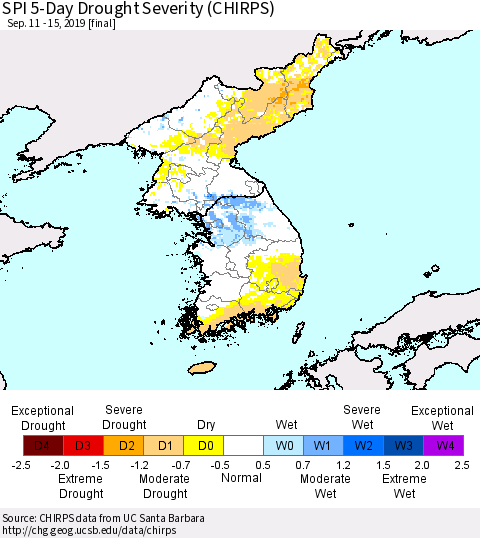 Korea SPI 5-Day Drought Severity (CHIRPS) Thematic Map For 9/11/2019 - 9/15/2019