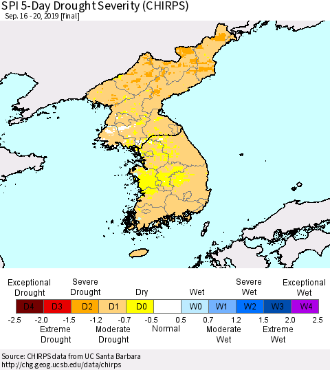Korea SPI 5-Day Drought Severity (CHIRPS) Thematic Map For 9/16/2019 - 9/20/2019