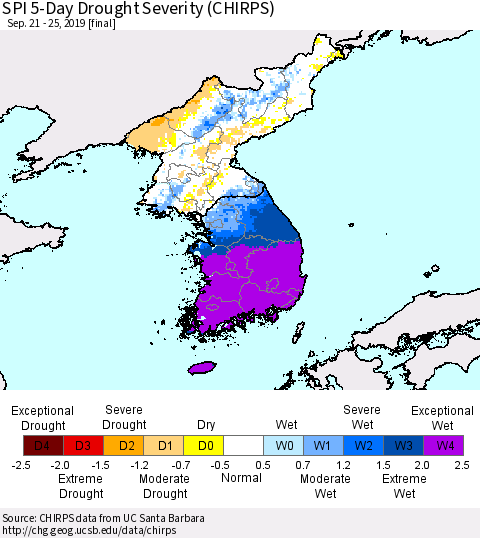 Korea SPI 5-Day Drought Severity (CHIRPS) Thematic Map For 9/21/2019 - 9/25/2019