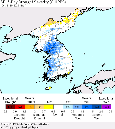 Korea SPI 5-Day Drought Severity (CHIRPS) Thematic Map For 10/6/2019 - 10/10/2019