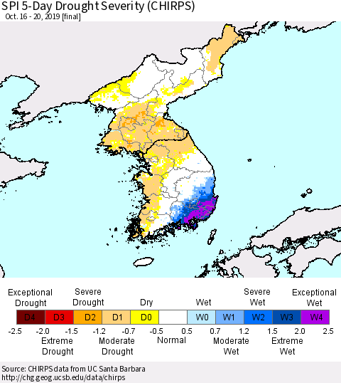 Korea SPI 5-Day Drought Severity (CHIRPS) Thematic Map For 10/16/2019 - 10/20/2019