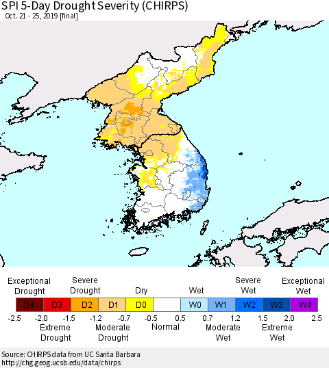 Korea SPI 5-Day Drought Severity (CHIRPS) Thematic Map For 10/21/2019 - 10/25/2019