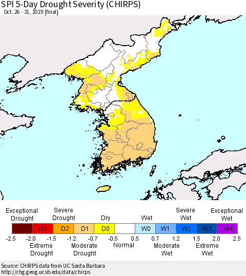 Korea SPI 5-Day Drought Severity (CHIRPS) Thematic Map For 10/26/2019 - 10/31/2019