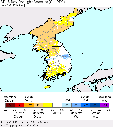 Korea SPI 5-Day Drought Severity (CHIRPS) Thematic Map For 11/1/2019 - 11/5/2019