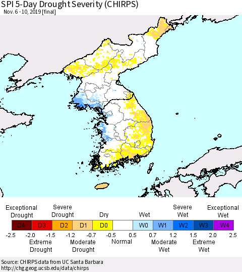Korea SPI 5-Day Drought Severity (CHIRPS) Thematic Map For 11/6/2019 - 11/10/2019