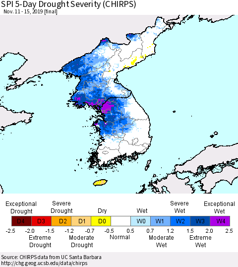 Korea SPI 5-Day Drought Severity (CHIRPS) Thematic Map For 11/11/2019 - 11/15/2019