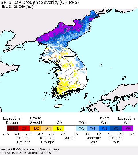 Korea SPI 5-Day Drought Severity (CHIRPS) Thematic Map For 11/21/2019 - 11/25/2019