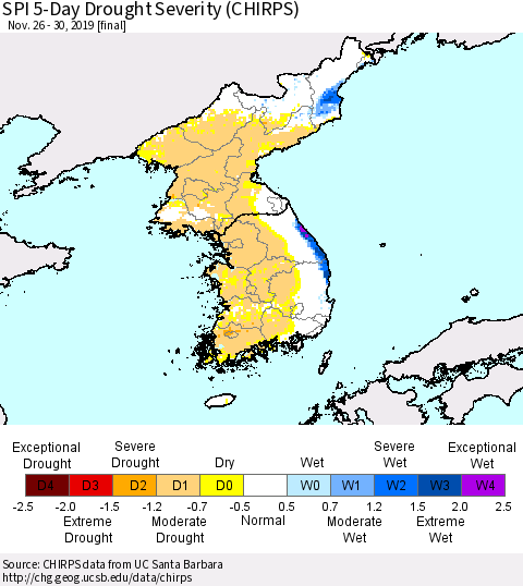 Korea SPI 5-Day Drought Severity (CHIRPS) Thematic Map For 11/26/2019 - 11/30/2019