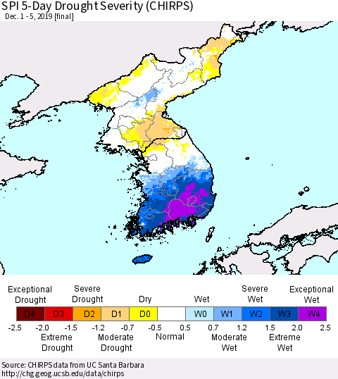 Korea SPI 5-Day Drought Severity (CHIRPS) Thematic Map For 12/1/2019 - 12/5/2019